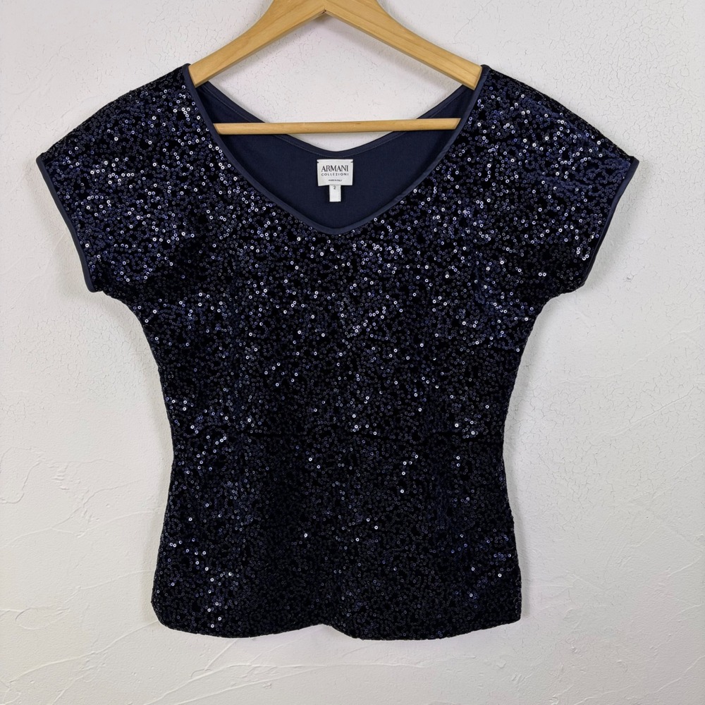 Armani Collezioni Sequin Top Womens 2 Navy Blue Short Sleeve Italian Luxury Glam